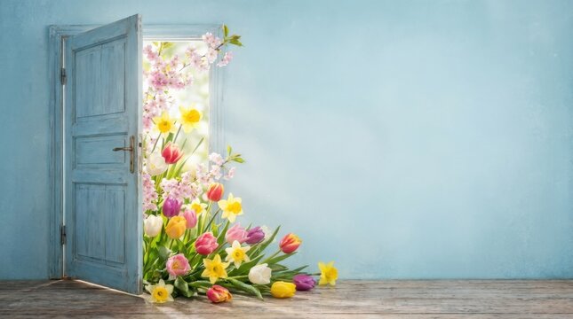 Spring is here. Colorful spring flowers entering through the door on blue background with copy space, cheerful spring design with fresh floral color and strong appeal for seasonal promotion, greeting