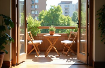 Obraz premium Balcony with wooden table and chairs. Green plants on sunny urban terrace. Two chairs await, city view visible through open doors. Peaceful outdoor seating space.