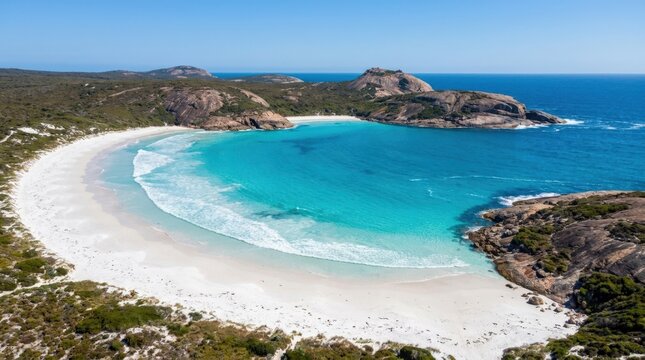 Cape Le Grand Thistle Cove aerial, coastal destination, turquoise bays, scenic travel and nature branding concept for tourism campaigns and editorial use, sweeping shoreline perspective with bright