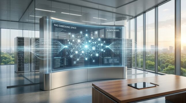 RAG architecture embedding space for AI data model, strong commercial appeal, artificial intelligence concept, innovation, data flow, clean futuristic composition, natural light, photorealistic, high