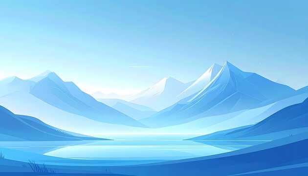 Pixel art landscape serene icy mountains reflected in calm blue lake under clear sky, winter vista, cool tones, atmospheric tranquility