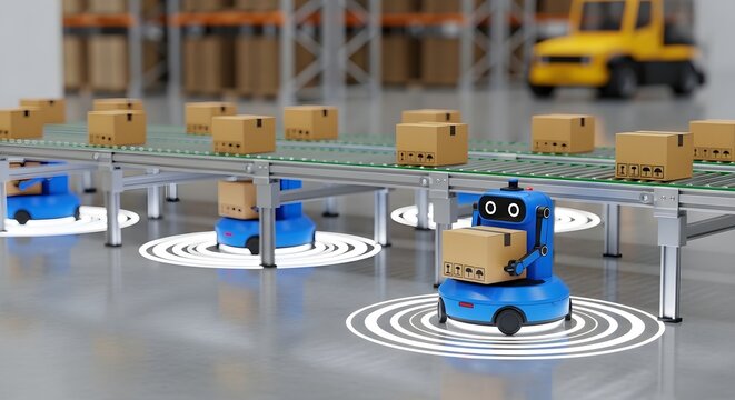 Smart Automated Warehouse with Autonomous Robots Carrying Boxes Near Conveyor Belt for Logistics and Supply Chain Efficiency