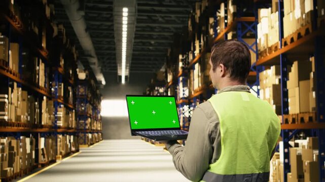 Isolated screen laptop with distribution hub staff near merchandise depot area. Inventory tracking and dispatch activity provide e-commerce operations and manual labor in warehouse.