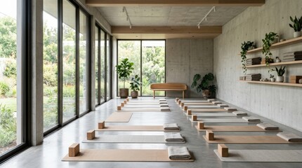Fototapeta premium A modern concrete yoga studio interior with minimalist furniture and abundant natural light, smooth surfaces and open serene space designed for wellness, tranquil contemporary atmosphere,