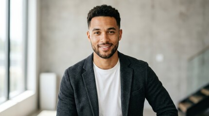 Fototapeta premium Handsome mixed race man looking at camera, clean portrait with confident expression, modern lifestyle and commercial appeal, minimal background, soft directional light, realistic skin texture and