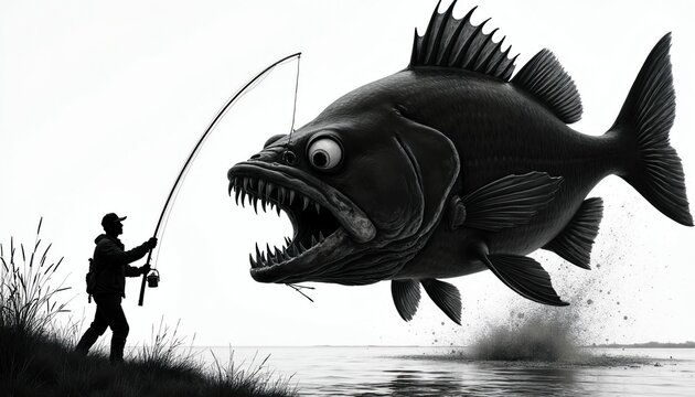 Man with fishing rod tries catch huge monster fish jumping from water. Black white illustration shows funny exaggerated battle between angler and large sea creature with sharp teeth.