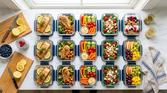 An overhead meal prep arrangement with containers of fresh vegetables, lean proteins, and assorted fruits, organized on a bright kitchen surface, clean balanced lighting, energetic wellness vibe,