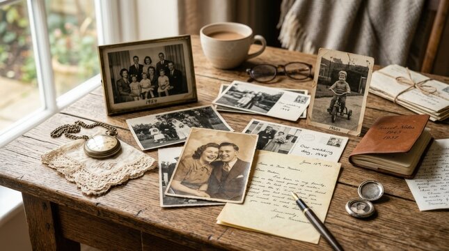 Old family memories arranged in a nostalgic still life, heritage, time, personal history and emotional storytelling concept for editorial campaigns, memory preservation and lifestyle branding, tactile
