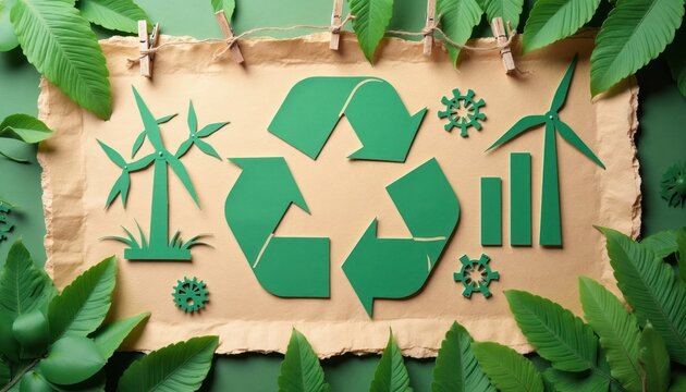 Green paper cutouts show recycling symbol, wind turbines, and bar chart on textured paper. Leaves frame the eco concept board with clean energy icons and nature theme.