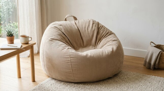 Beige corduroy bean bag chair on light background, cozy modern furniture product concept with soft texture and minimalist interior styling, realistic detail, no logos