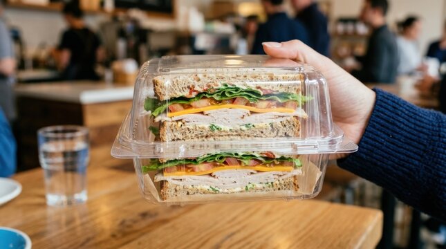 Clear plastic container holding two stacked sandwiches, ready-to-go lunch packaging with clean food presentation, realistic detail, no logos