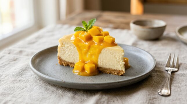Slice of creamy cheesecake with mango sauce on a gray plate, elegant dessert serving with smooth texture and bright fruit topping, appetizing close up, soft light, realistic food photography, no logos