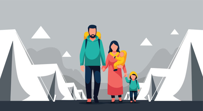 Refugee Family Walking. Flat Illustration. Humanitarian Crisis Concept. Displaced People Vector Art.