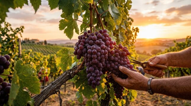 Ripe red grapes hanging on vine at golden hour, vineyard harvest concept with rich fruit texture and warm sunset glow, realistic detail, no logos