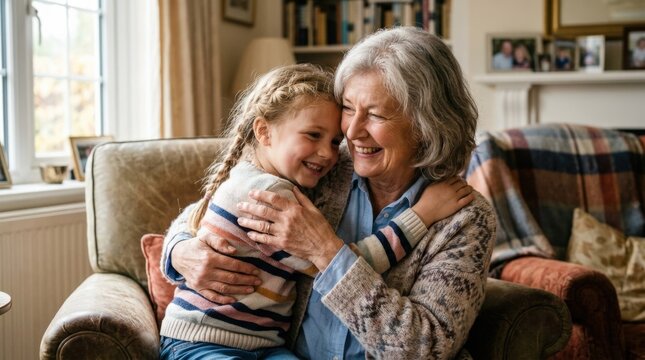 Grandmother hugging granddaughter, warm family affection and multigenerational love concept with close embrace, natural smiles and gentle emotional storytelling for home, care and wellbeing themes,