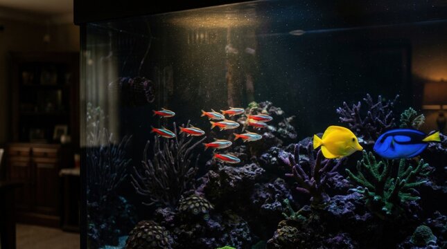 Colorful fish swimming in a dark aquarium during evening hours, elegant underwater composition with bright scales, deep contrast and calm motion, strong stock concept for marine life, pets and