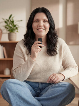 Confident woman sitting with microphone in hand, speaking to an online audience. Podcast, streaming, broadcasting and creator lifestyle concept.