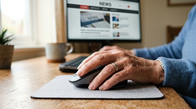 Senior hand using a computer mouse, technology accessibility and everyday digital use concept with clean close-up focus, realistic skin texture, practical lifestyle detail, soft light, minimal