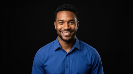 Fototapeta premium Portrait of handsome African American man smiling in blue shirt, studio shot isolated on black background, confident expression and clean lighting, no logos