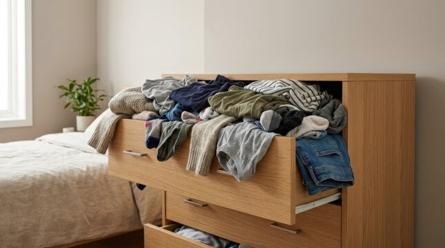 Overfilled wardrobe drawers with mixed folded and crumpled clothes illustrate storage overflow, domestic mess, and everyday home disorder, clean commercial stock image, premium commercial stock