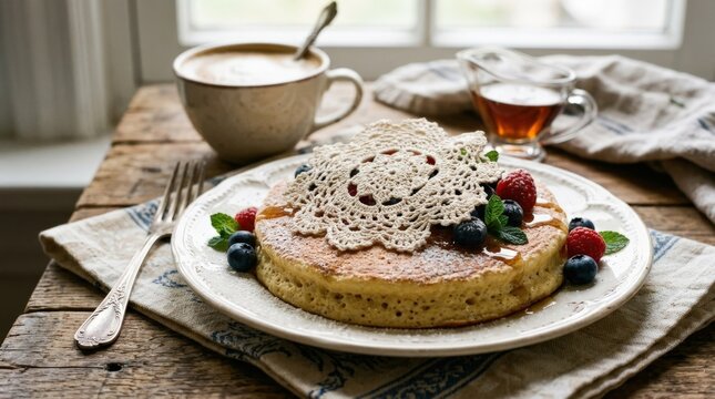 Delicate doily resting on a fluffy pancake, charming breakfast still life with soft texture and elegant styling, realistic food detail, no logos