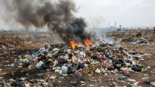 Burning garbage pile with orange flames and thick smoke, pollution and waste management concept with dramatic environmental impact scene, realistic detail, no logos