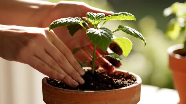 Hands planting small green plant in terracotta pot with sunlight