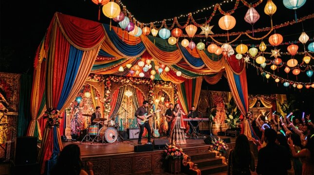 Elaborate stage setup with draped fabric in vibrant colors and hanging lanterns, festive event decor, theatrical celebration scene, rich visual detail, no logos