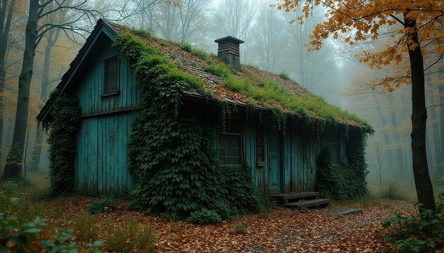 Old wooden cabin covered with ivy in autumn forest. Overgrown structure sits in misty woods with fall leaves on ground. Peaceful secluded hideaway location for nature escape.