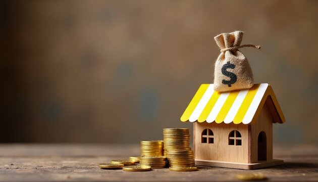 Small house with money bag and stacked coins represents financial growth and investment in property. Concept for loans banking and real estate.