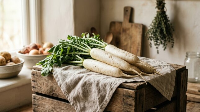 Daikon radish with cloth on a wooden crate, natural food storage scene with white radish and rustic kitchen atmosphere for healthy produce branding, organic cooking editorials and minimalist seasonal