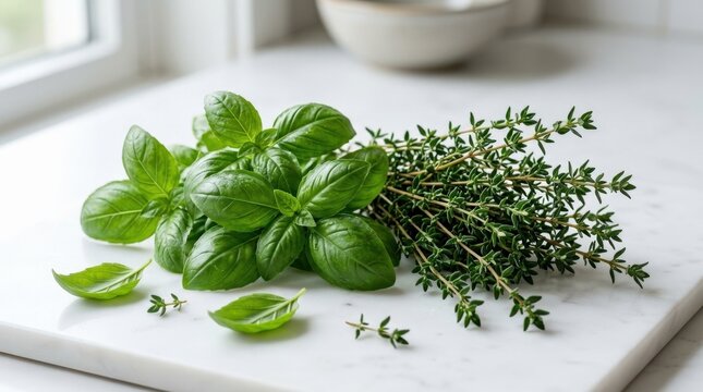 Collection of fresh herb leaves with thyme and basil on a white table, premium food design element for recipes, menus and organic cooking branding, crisp green texture, clean composition, soft shadow,