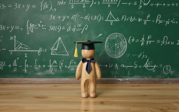 Wooden bear in graduation cap stands before chalkboard filled with