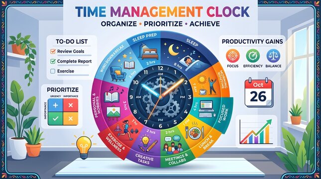 Time management clock with daily schedule, to-do list, and prioritization matrix
