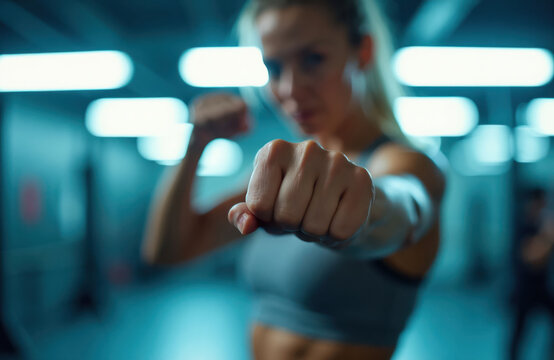 Woman practices martial arts in gym. Female fighter trains boxing, throws punch forward. Strong girl has fit body, focuses on combat training exercise.