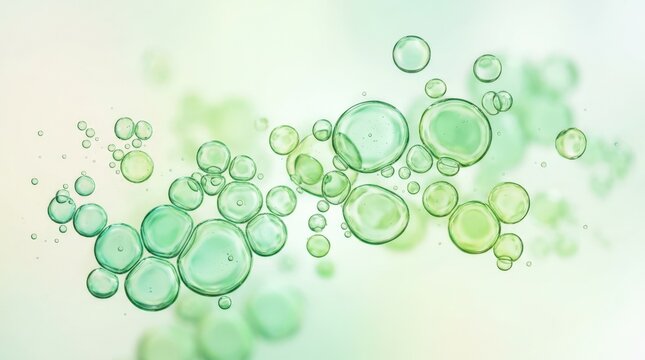 Abstract green bubbles on a soft light background, refreshing organic texture with clean minimal appeal and translucent depth, airy atmosphere, crisp realistic finish, no logos