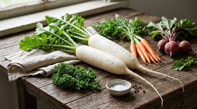Daikon radish with long roots on textured wooden background, fresh white radish and farm vegetables concept with clean rustic styling and healthy produce appeal, natural light, realistic detail, clean