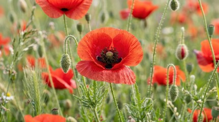 Fototapeta premium Poppy flowers close up, delicate red petals and soft botanical detail in a vibrant natural composition, strong commercial appeal for spring, remembrance, floral decor and seasonal nature themes,