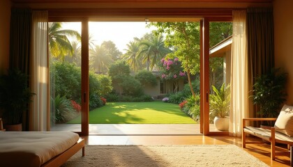 Obraz premium Bedroom view opens to rich green garden with palm trees and flowering bushes. Sunlight streams into tranquil tropical resort setting. Enjoy nature view from comfortable room.