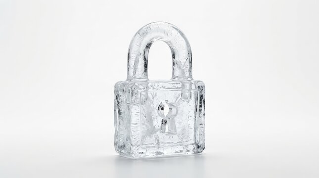 Ice sculpture shaped like padlock on plain background, frozen security concept, transparent texture, clean minimal composition, crisp studio lighting, no logos