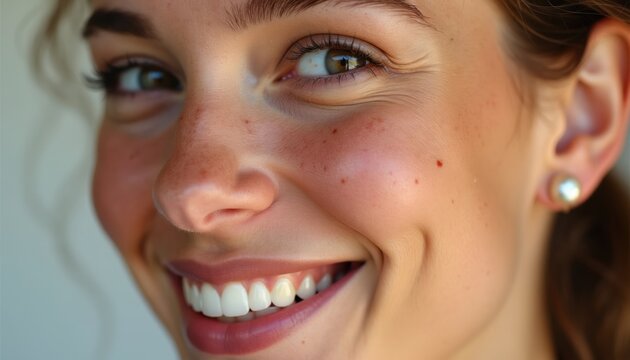 Woman with freckles smiles showing dimples and clear skin with gentle sunlight. Natural beauty radiates happiness and health, eye area crinkles softly from genuine joy.