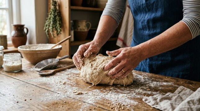 Woman's hands kneading fresh dough on a wooden table, homemade baking process with rustic kitchen atmosphere, realistic detail, no logos