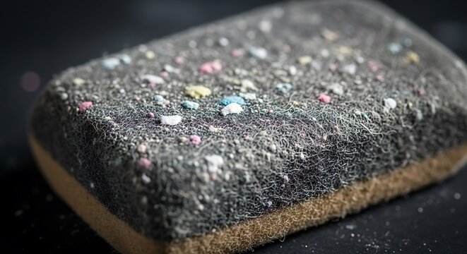 Close up view of a wet dark asphalt surface with small colorful stones and water drops in the rain. blackboard duster