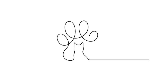 Continuous line drawing animation of a pet paw print with a cat silhouette inside, minimalist one line art for veterinary and pet care concept