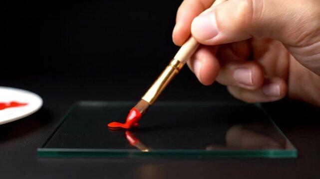 Artist Hand Painting Orange Stroke on Glass Plate Close Up