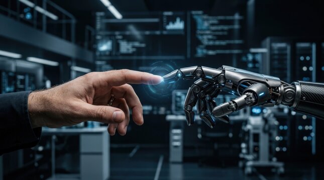 AI robot and human hand connecting, human machine partnership concept for collaborative enterprise technology, automation and trust, dark premium background, precise skin and metal textures, subtle
