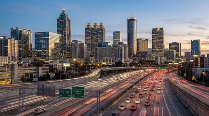 Fototapeta premium Atlanta Georgia downtown skyline over the freeway, urban cityscape for travel, business, transport and architecture themes, modern towers rising above multilane roads, evening glow, realistic