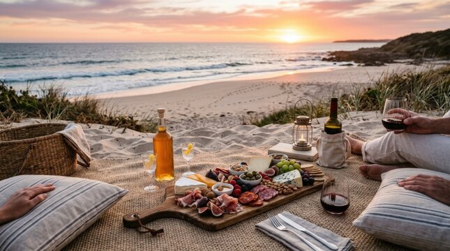 Charcuterie board with wine and limoncello on a beach picnic setup, luxury outdoor dining concept for summer travel, romance and lifestyle themes, artisan snacks, elegant glasses, sandy shoreline,