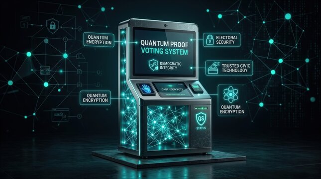 Enterprise quantum proof voting system with glowing electoral security, democratic protection, encryption and trusted civic technology on a dark abstract background, teal cyan accents, clean