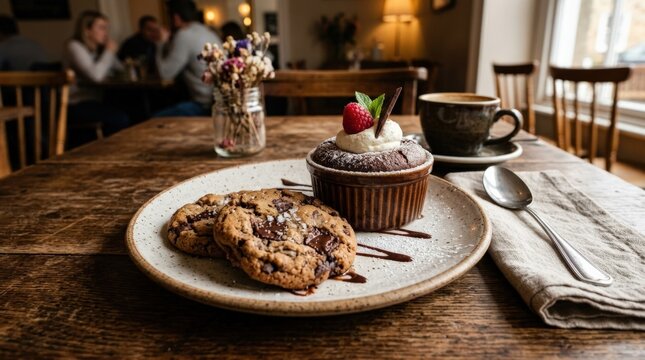 Restaurant dessert plate with chocolate cookies, sweet baked treat presentation for cafe or menu concepts with rich texture and warm tones, realistic detail, no logos
